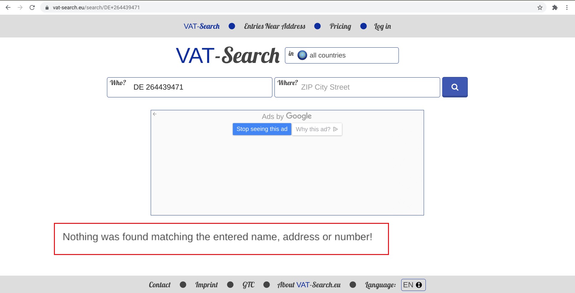 Screenshot einer VAT-Datenbanksuche ohne Ergebnis