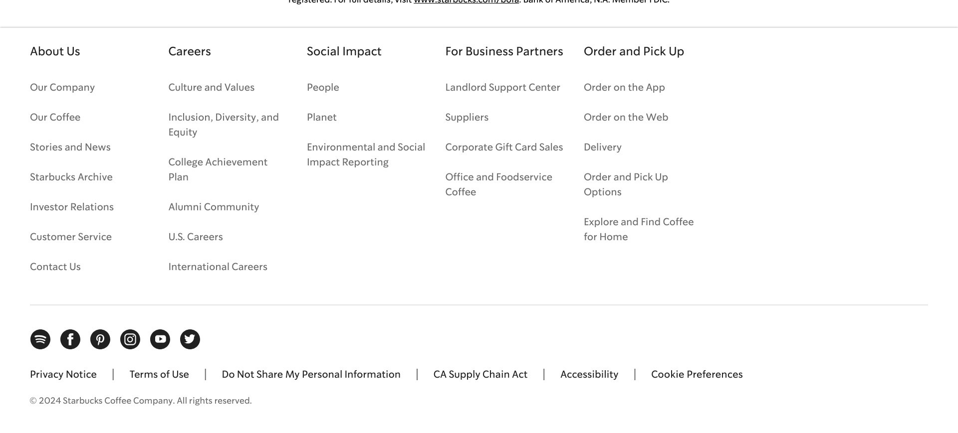 Screenshot of starbucks.com’s footer displaying the copyright section