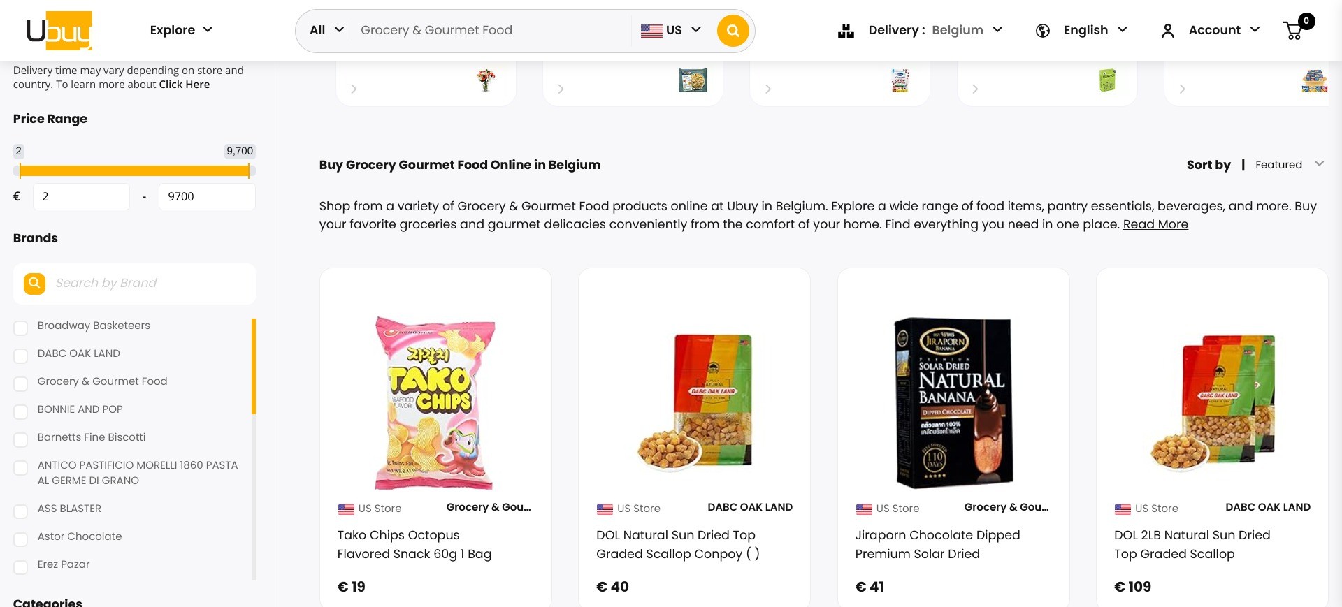 Screenshot of https://www.u-buy.be/en/category/groceries-gourmet-food-16310101 displaying random product listings