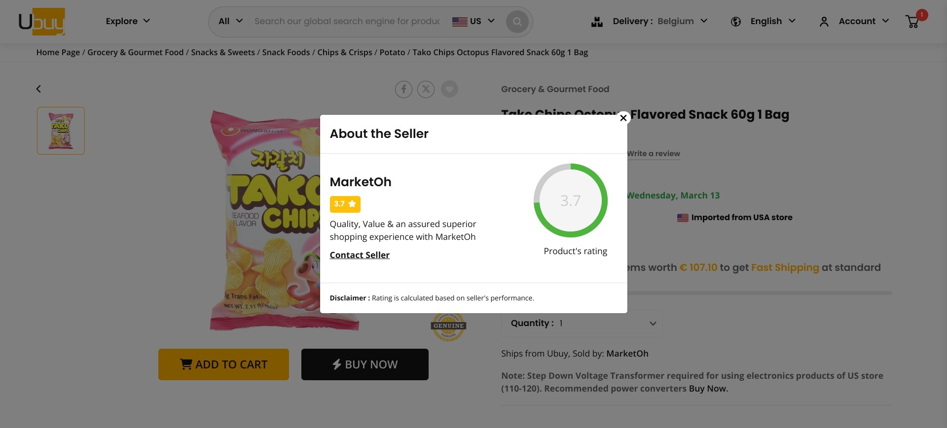 Screenshot of a random product listing on https://www.u-buy.be/en displaying seller information