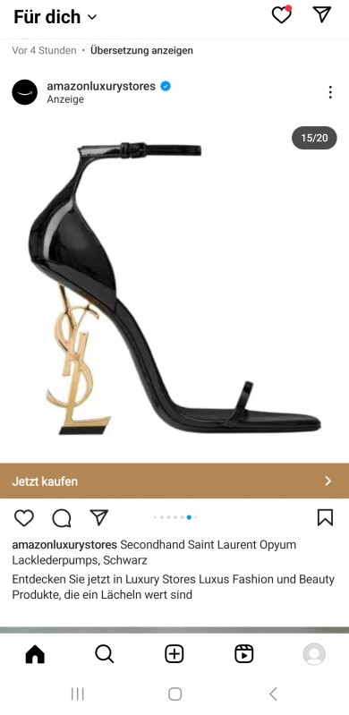 Screenshot of an Instagram ad for a pre-owned pair of luxury pumps sold by HEWI on Amazon. Translation: second-hand Saint Laurent Opyum pumps, black. Discover luxury fashion and beauty products worth smiling for in Luxury Stores. Translated by global