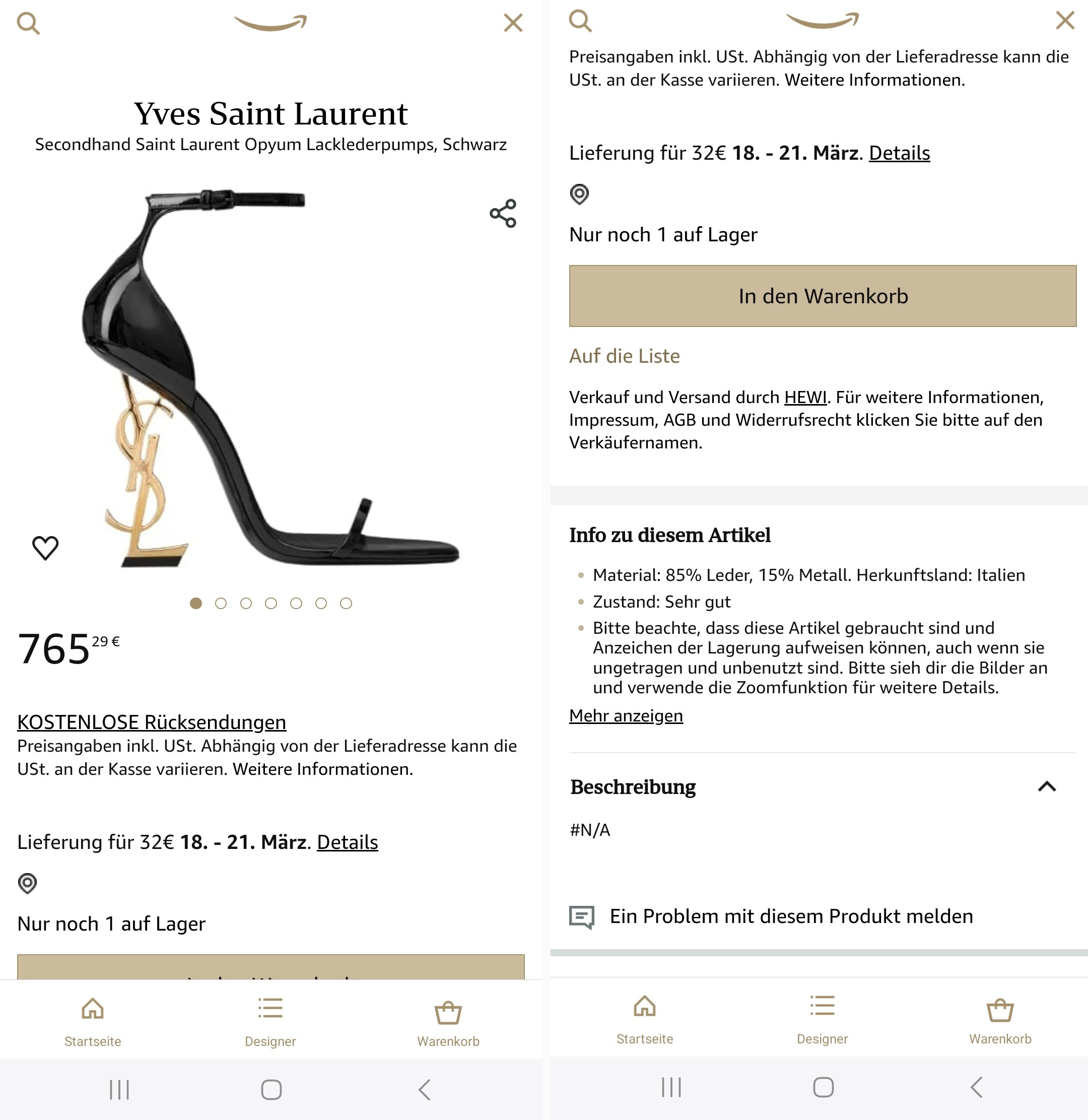 Screenshots of a product listing on Amazon Luxury Stores sold and shipped by HEWI. Translation:  Please note that these items are used and may show signs of storage, even if they are unworn and unused. Please look at the pictures and use the zoom fun
