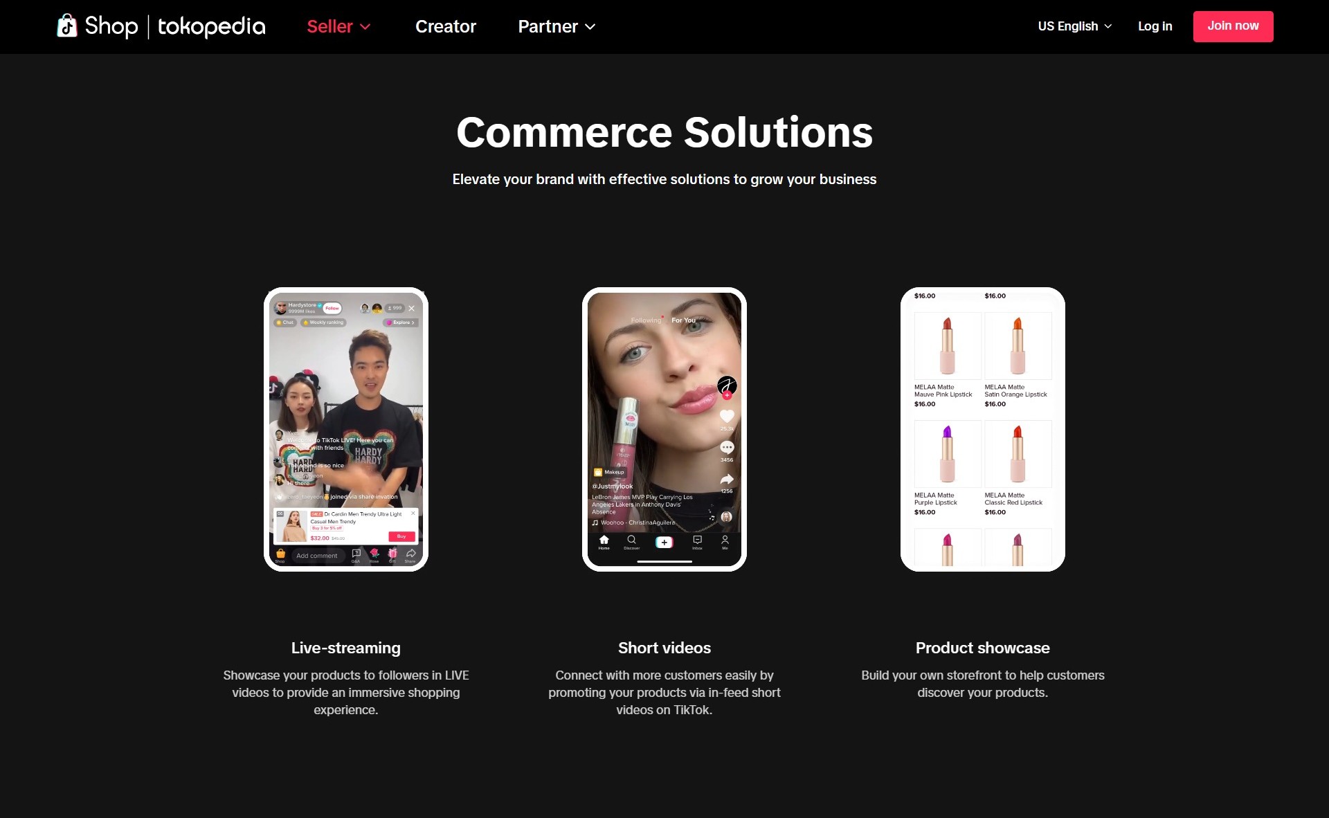 Screenshot of the Commerce Solutions section of https://seller-id.tokopedia.com/account/register