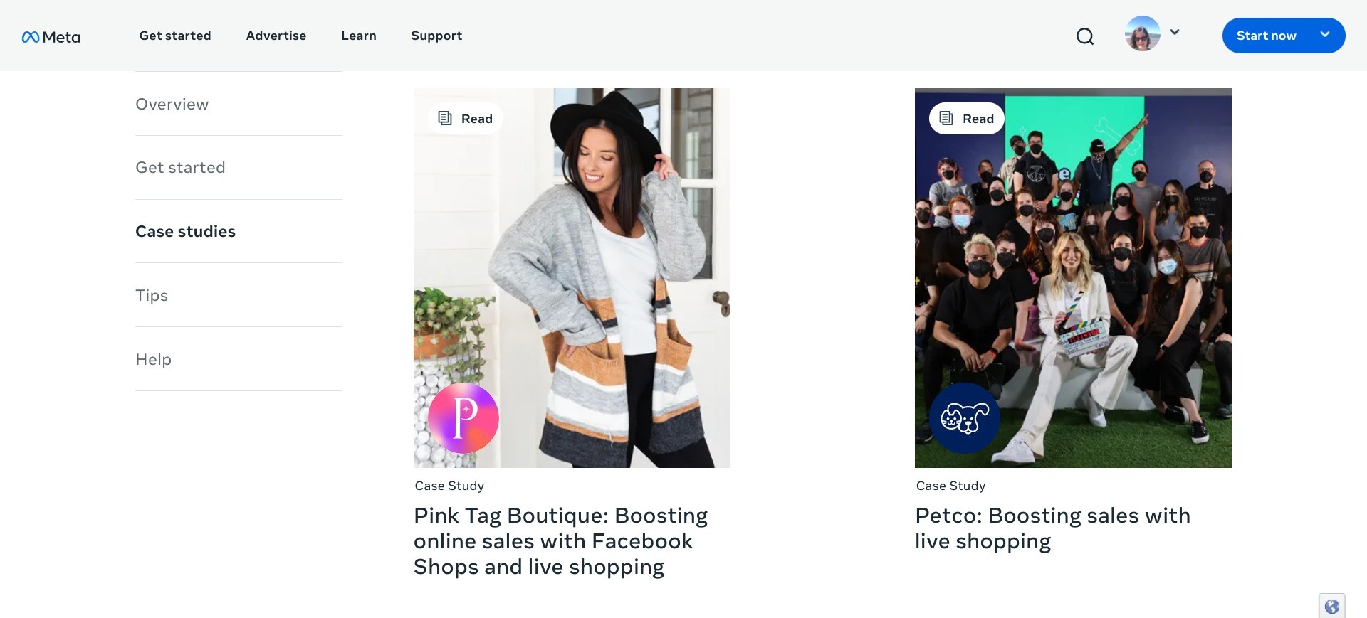 Screenshot of https://www.facebook.com/business/tools/live-shopping/case-studies displaying case studies of live shopping best practices