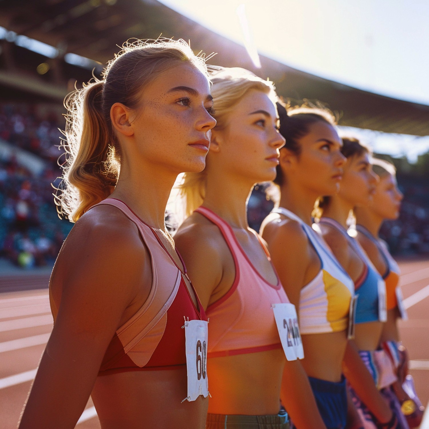 AI-generated illustration of female athletes lining up before a competition