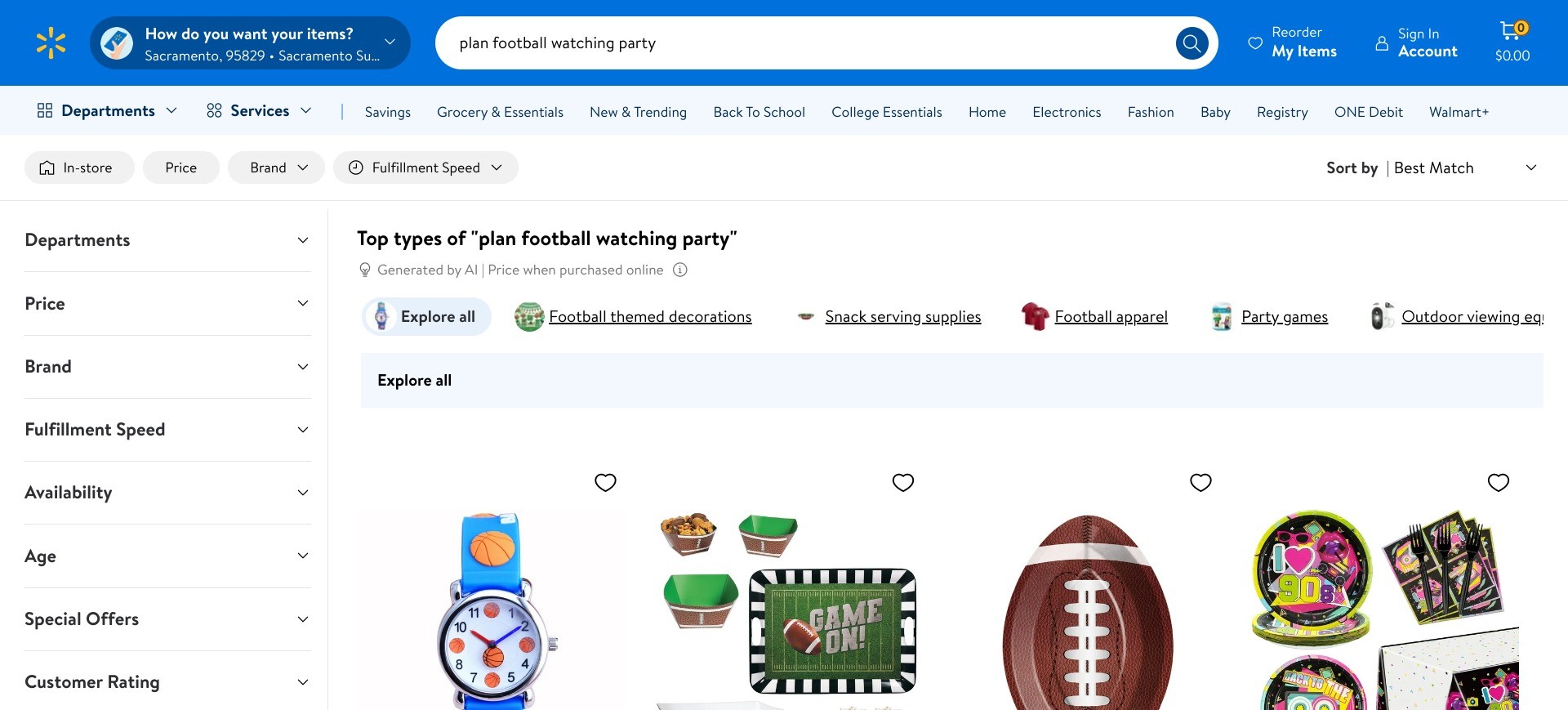 Screenshot of walmart.com displaying search results to a prompt