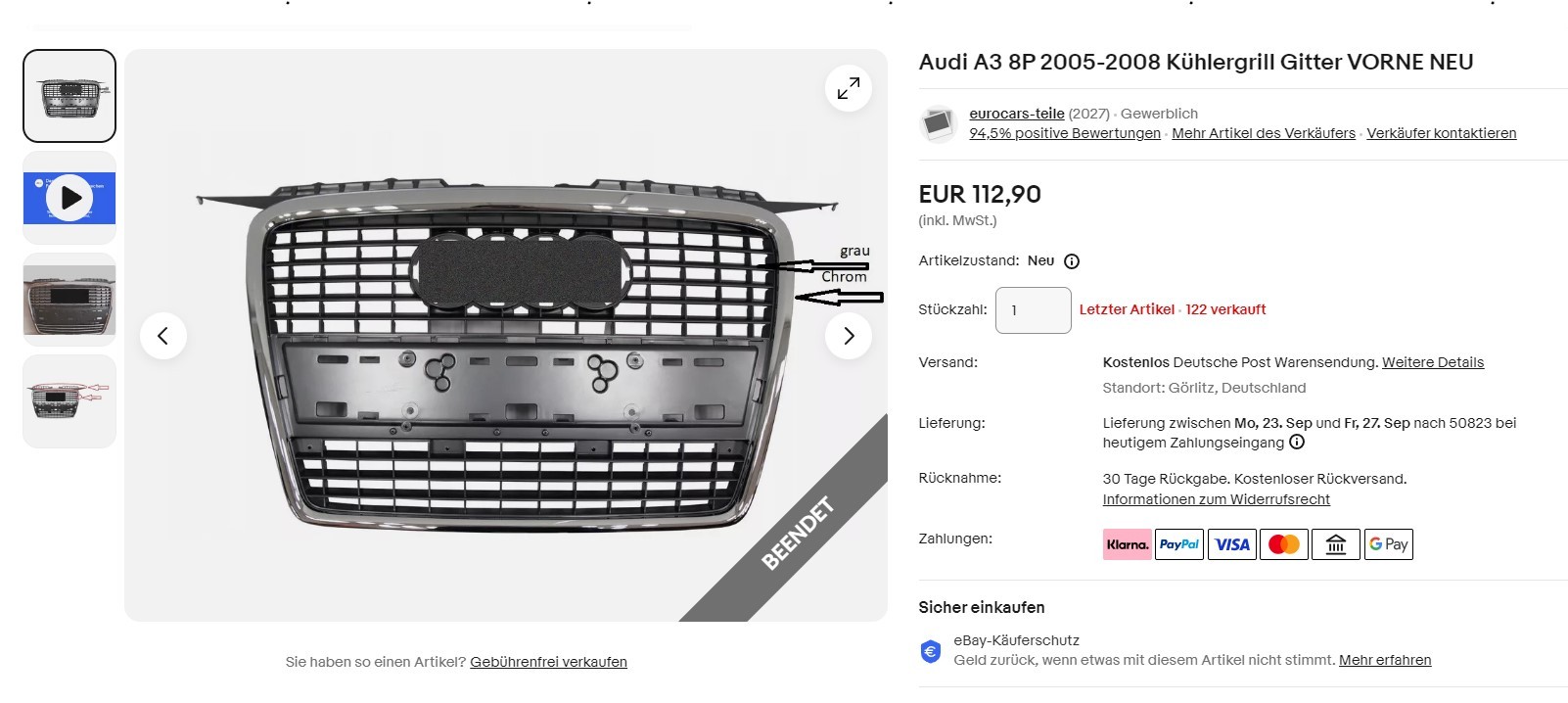 Screenshot of a presumably fake radiator grill product listing on ebay.de