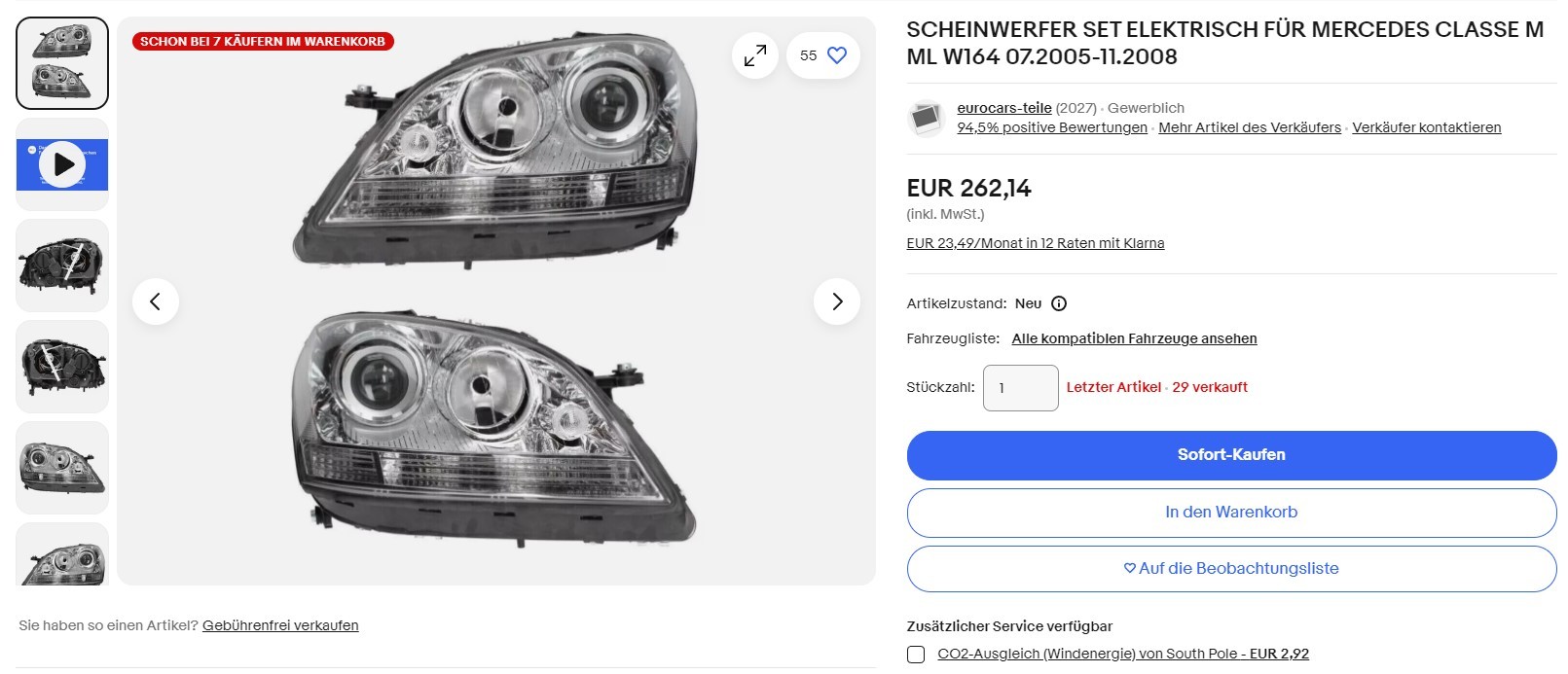 Screenshot of a presumably fake headlight product listing on ebay.de