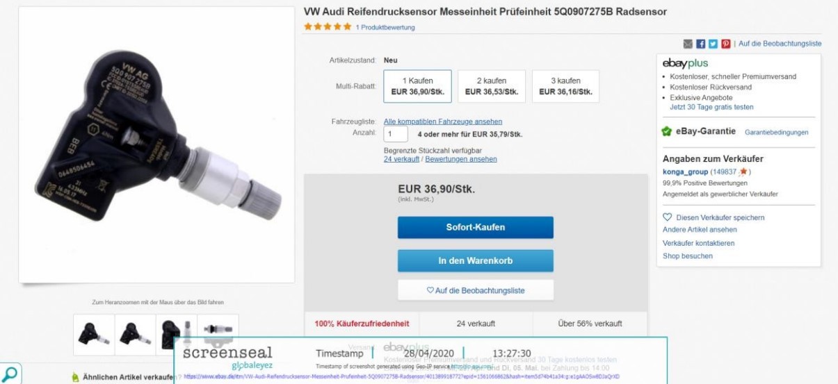 Screenshot of a presumably fake tire pressure sensor product listing on ebay.de