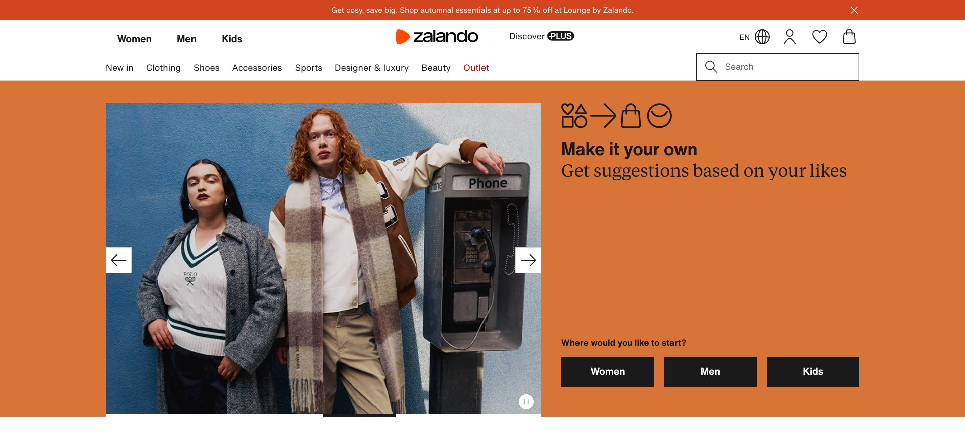 Screenshot of the homepage of zalando.be