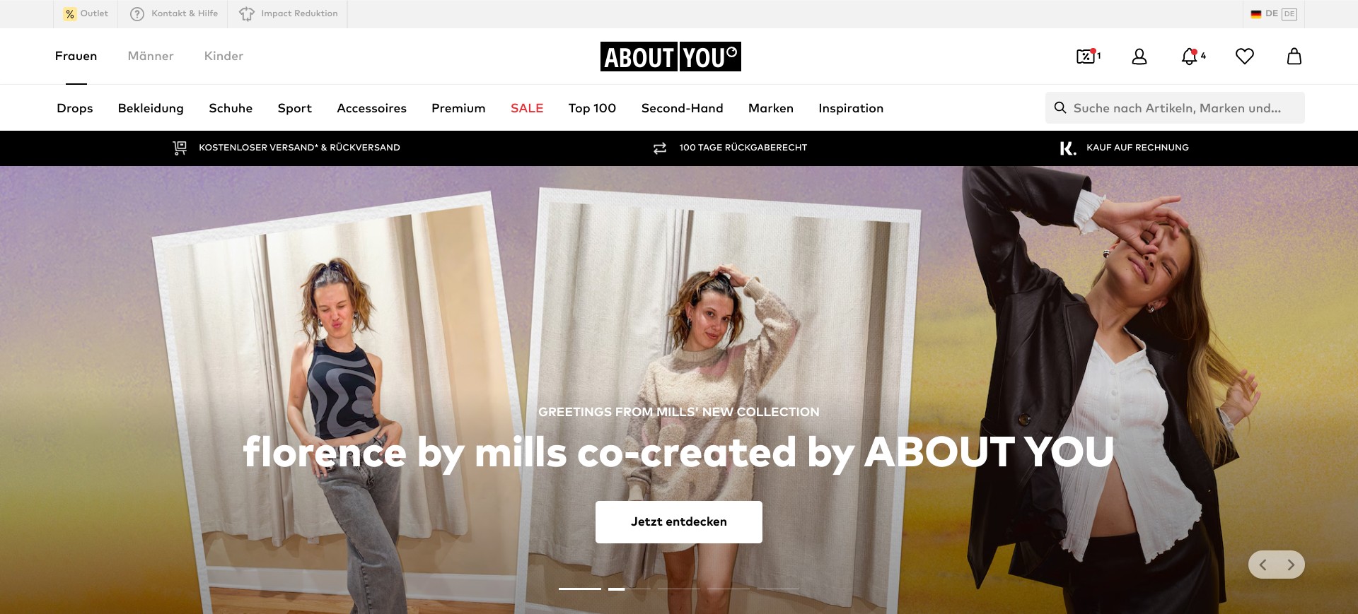 Screenshot of the homepage of aboutyou.de