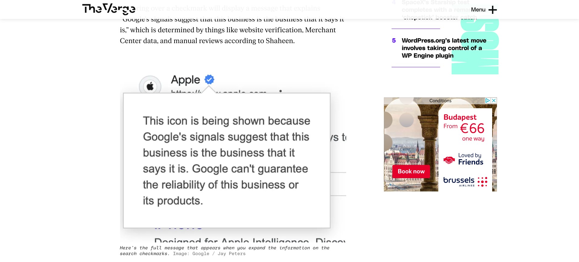 Screenshot of theverge.com displaying a screenshot journalists took while hovering over a blue tick on Google