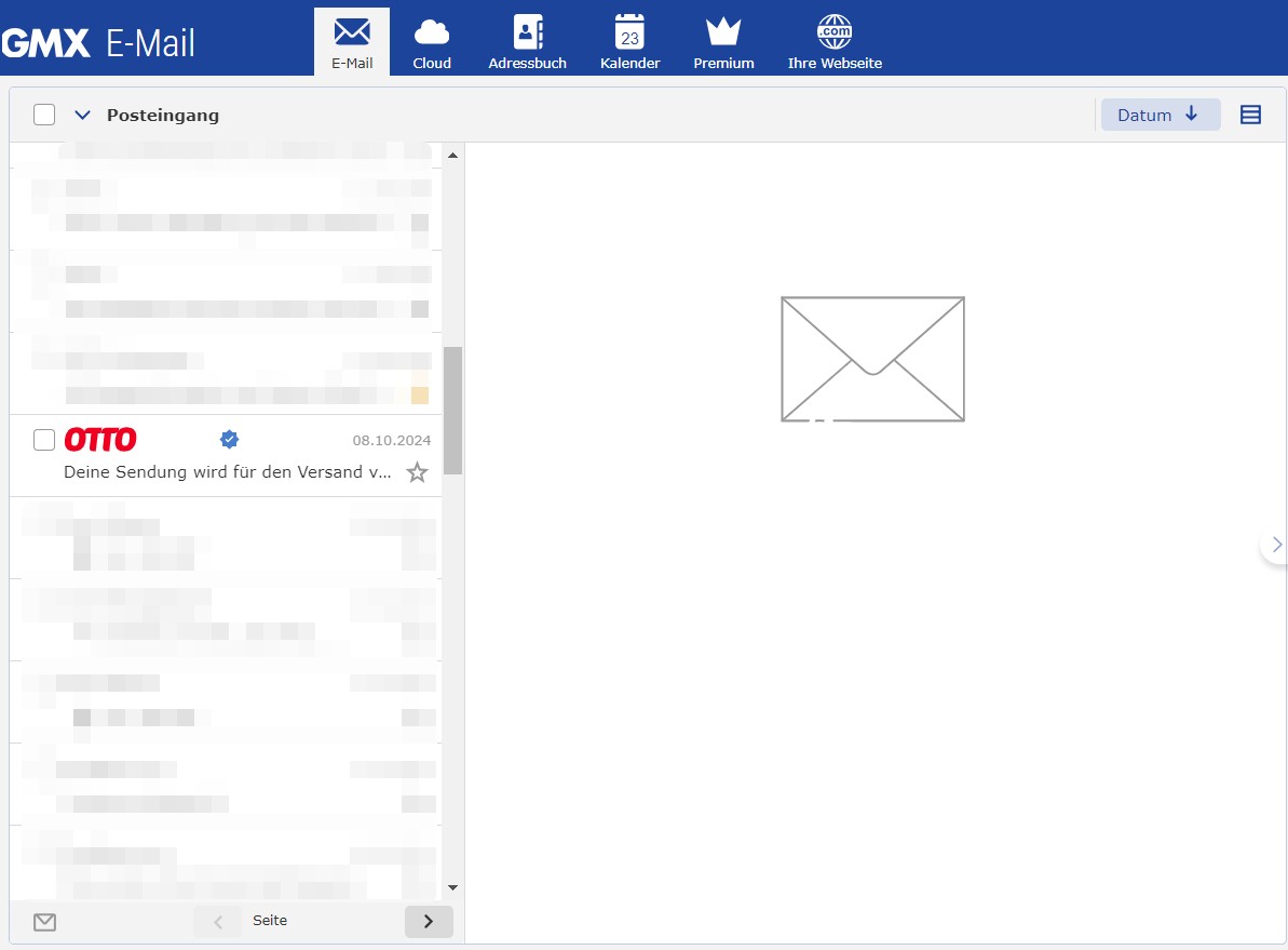 Screenshot of a GMX inbox displaying an email from OTTO with a blue tick