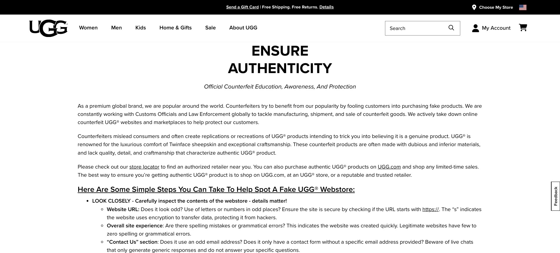 Screenshot of ugg.com/counterfeit.html, displaying UGG’s counterfeit education page