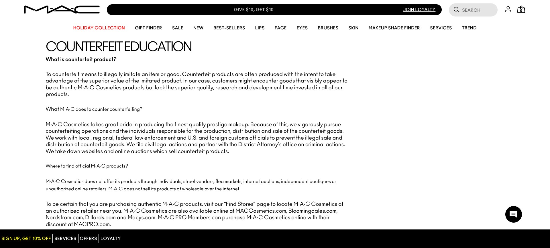 Screenshot of maccosmetics.com/counterfeit-education