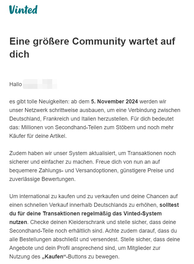 Screenshot of the message a German Vinted user received explaining the new cross-border buying and selling options.