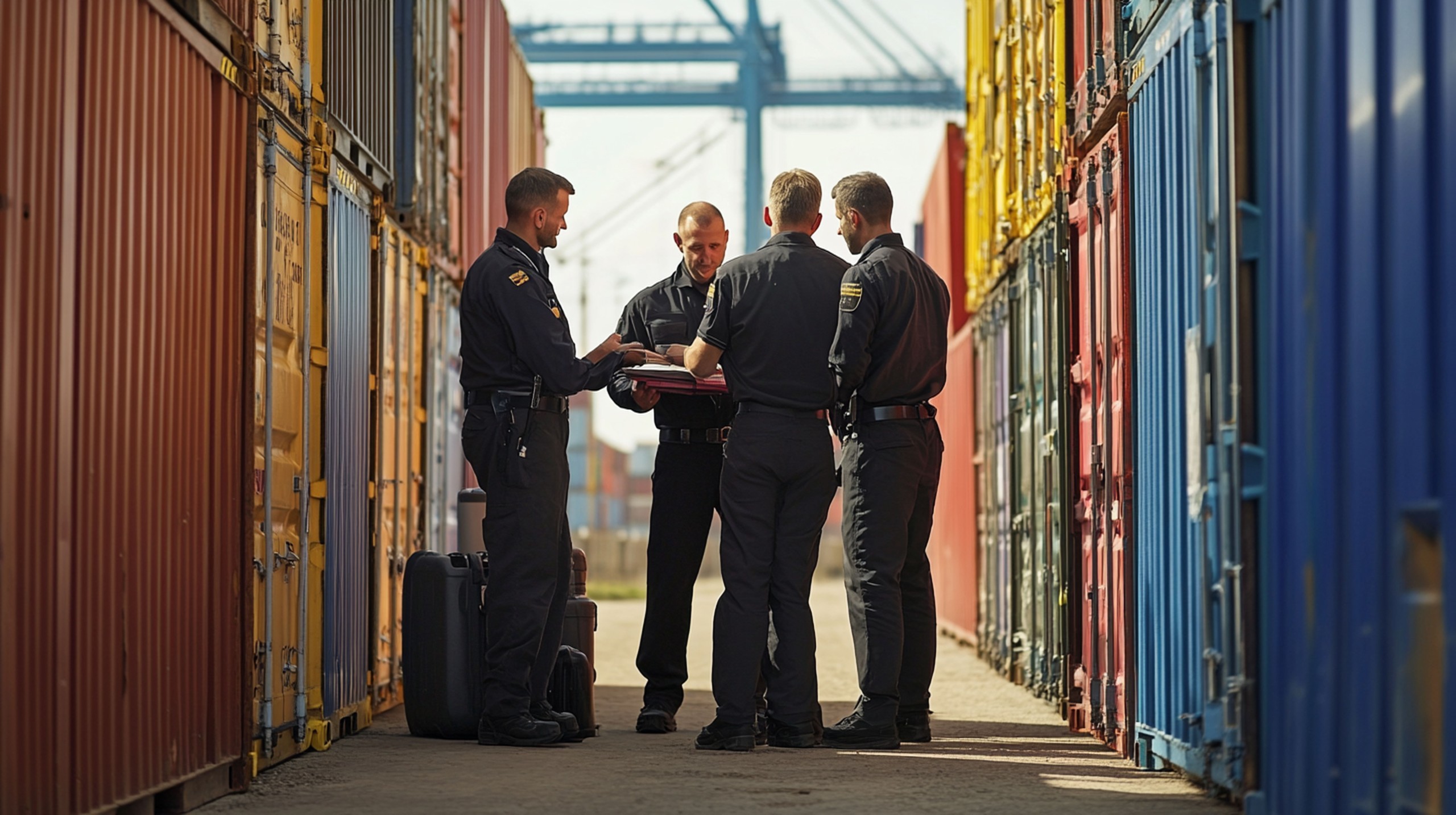 AI-generated illustration of customs officers inspecting papers at a container yard