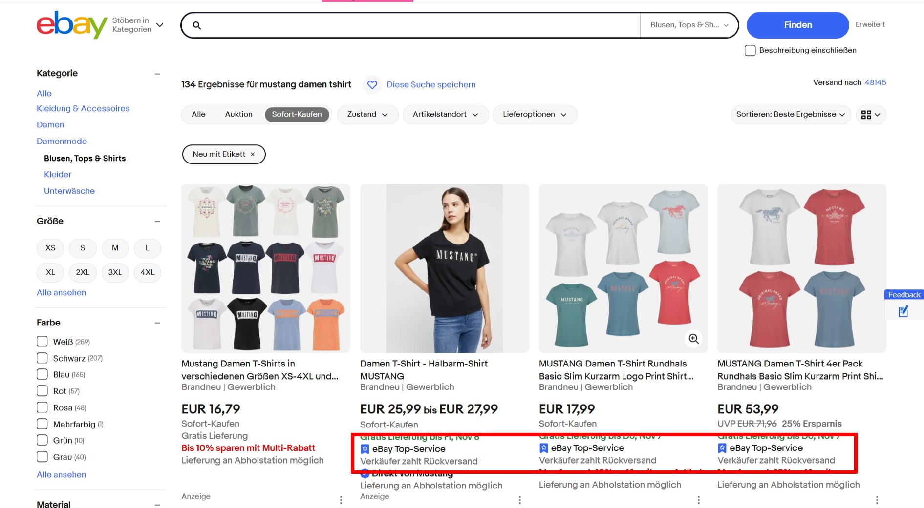 Screenshot of random search results on ebay.de displaying the Top-Service badge under three of the four results