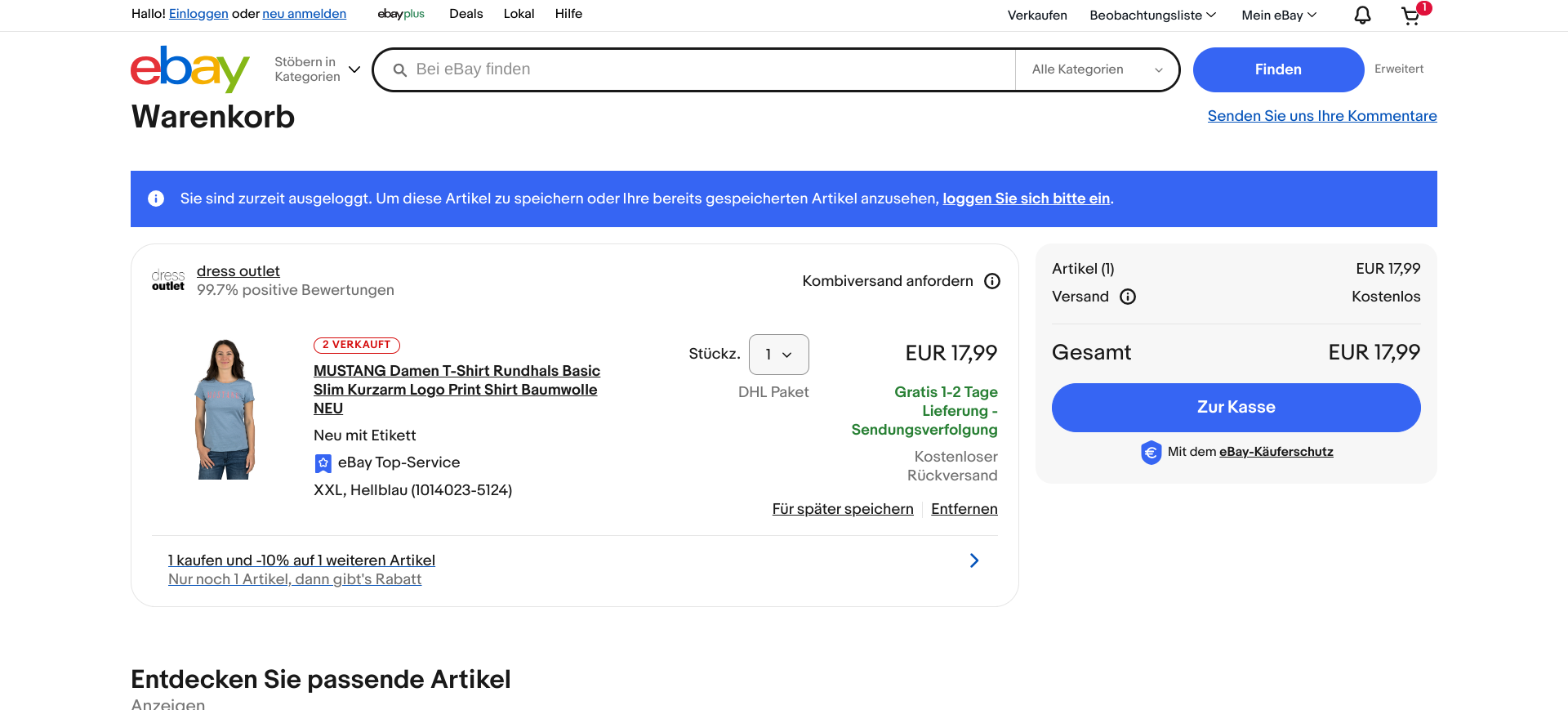 Screenshot of ebay.de displaying a shopping cart containing a random product with the eBay Top-Service badge