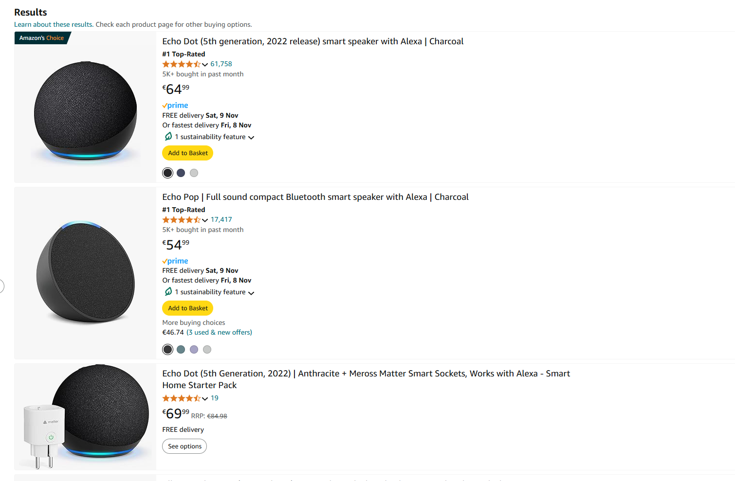 Screenshot of a random search result page on amazon.de displaying product ratings without the average value of reviews