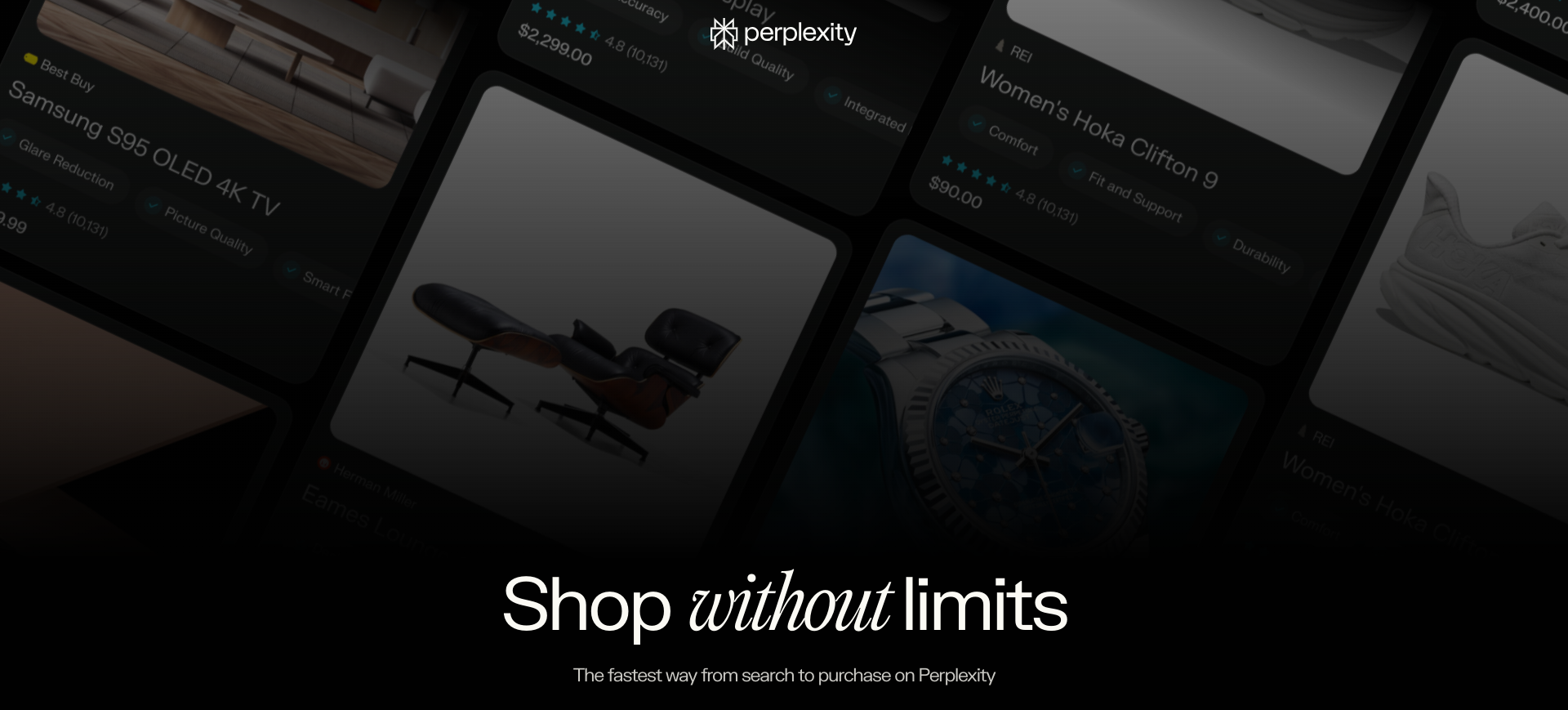 Screenshot of perplexity.ai/shopping displaying the homepage of Shop with Perplexity