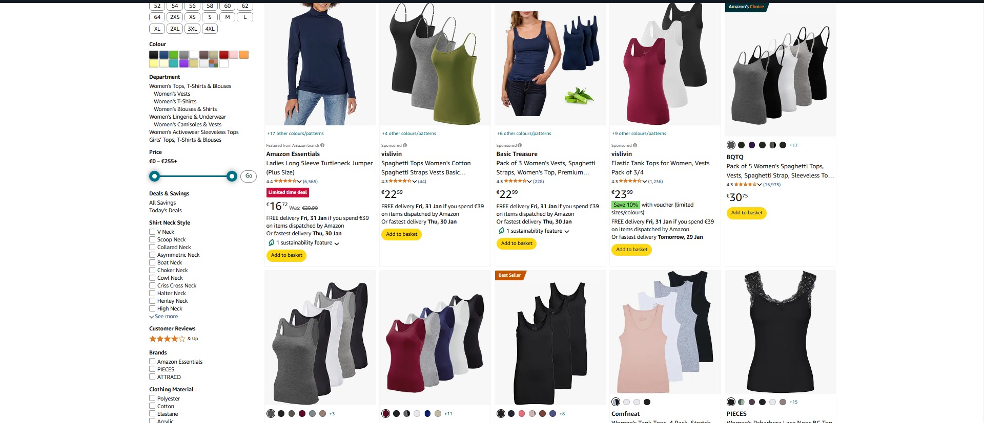 Screenshot of amazon.de displaying random search results to the term “women’s tops”