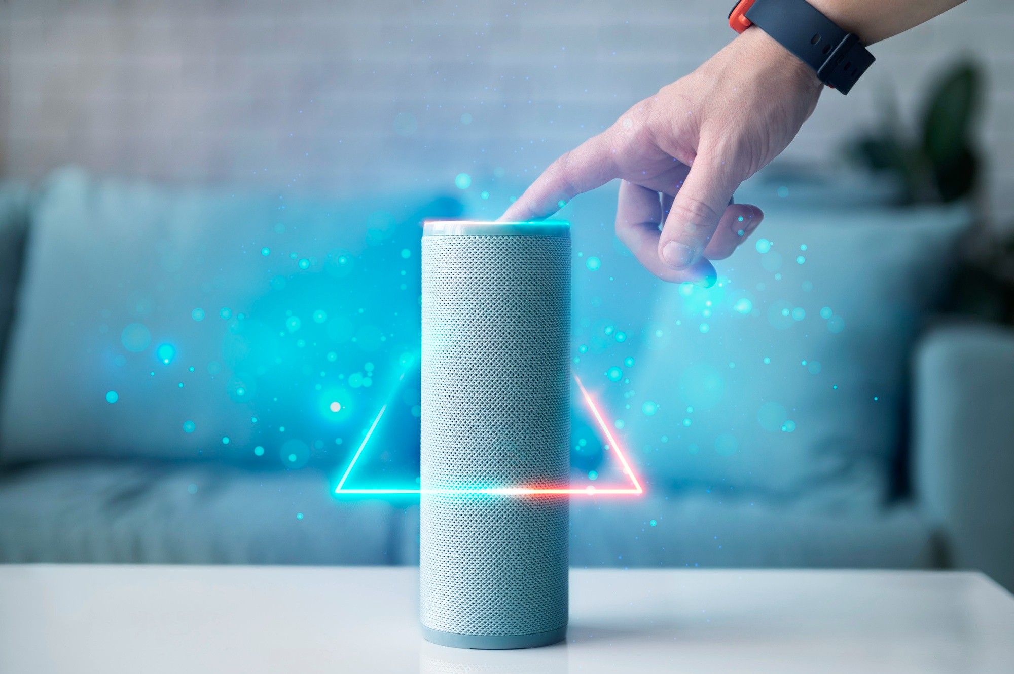 Illustration of a person interacting with a smart speaker