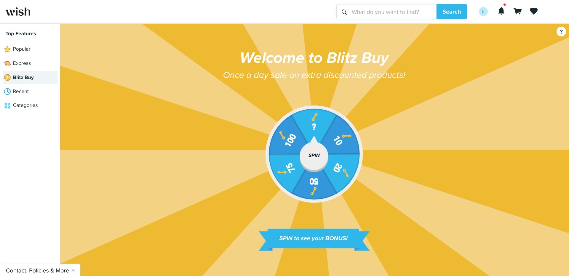 Screenshot of the Blitz Buy wheel on Wish.com
