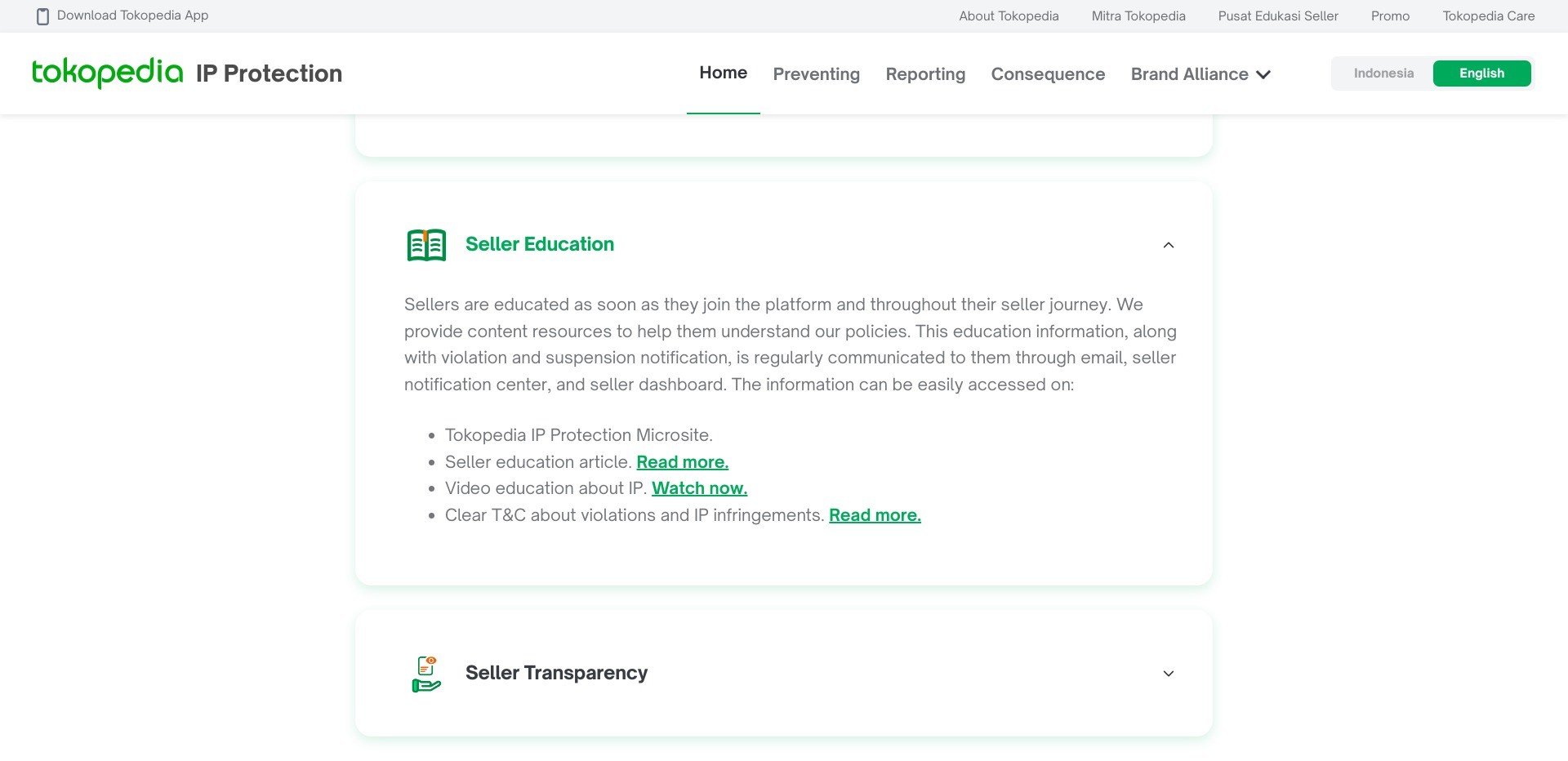 Screenshot of Tokopedia.com/intellectual-property-protection displaying seller education options
