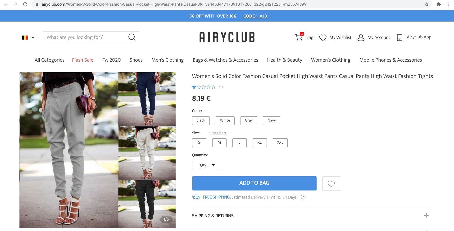 Screenshot of airyclub offer of pants for 8.19 Euro