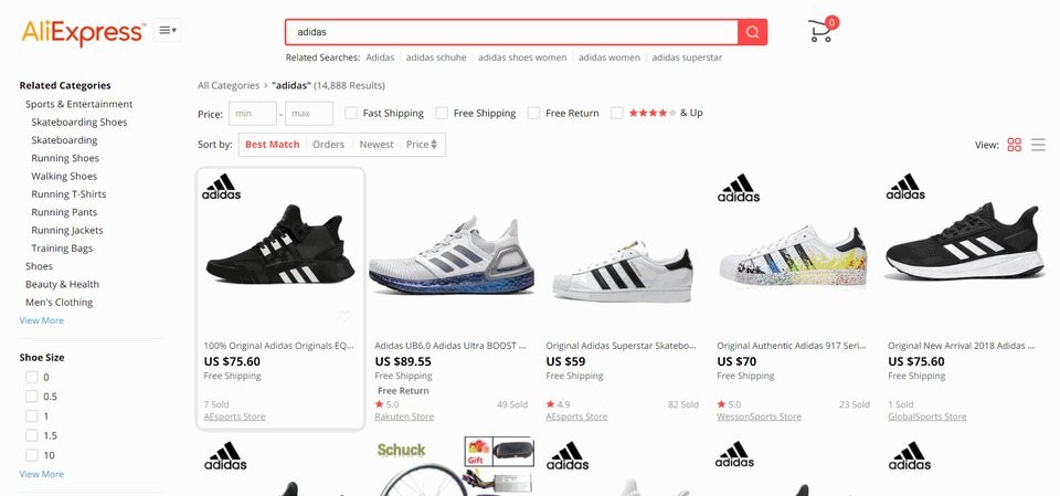 Screenshot of listing of adidas shoes on AliExpress
