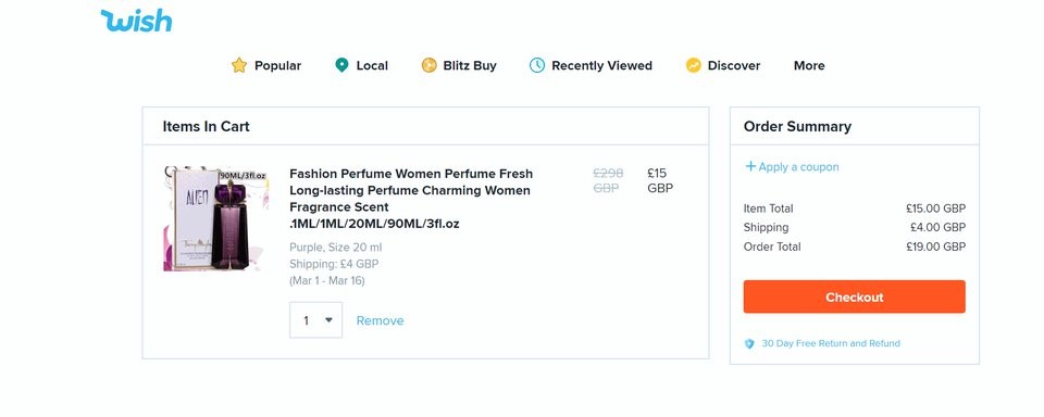 Screenshot of Items in Cart on Wish.com with a parfume listed on 