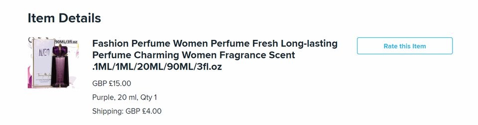 Screenshot of item details for perfume listed for 