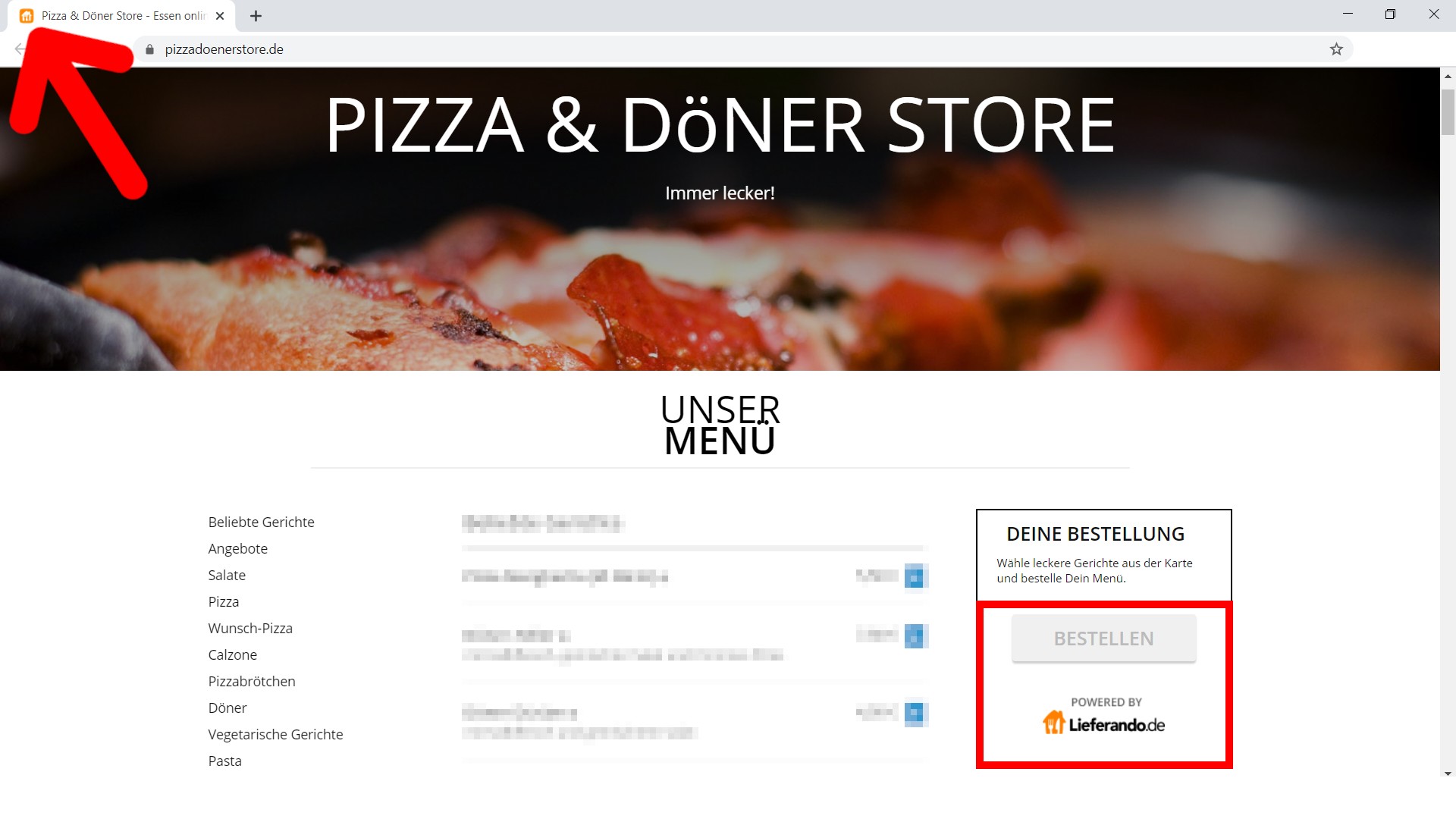 Screenshot der Website von Lieferando für Pizza and Doener Store restaurant. Icon from Lieferando on google search console and reference 