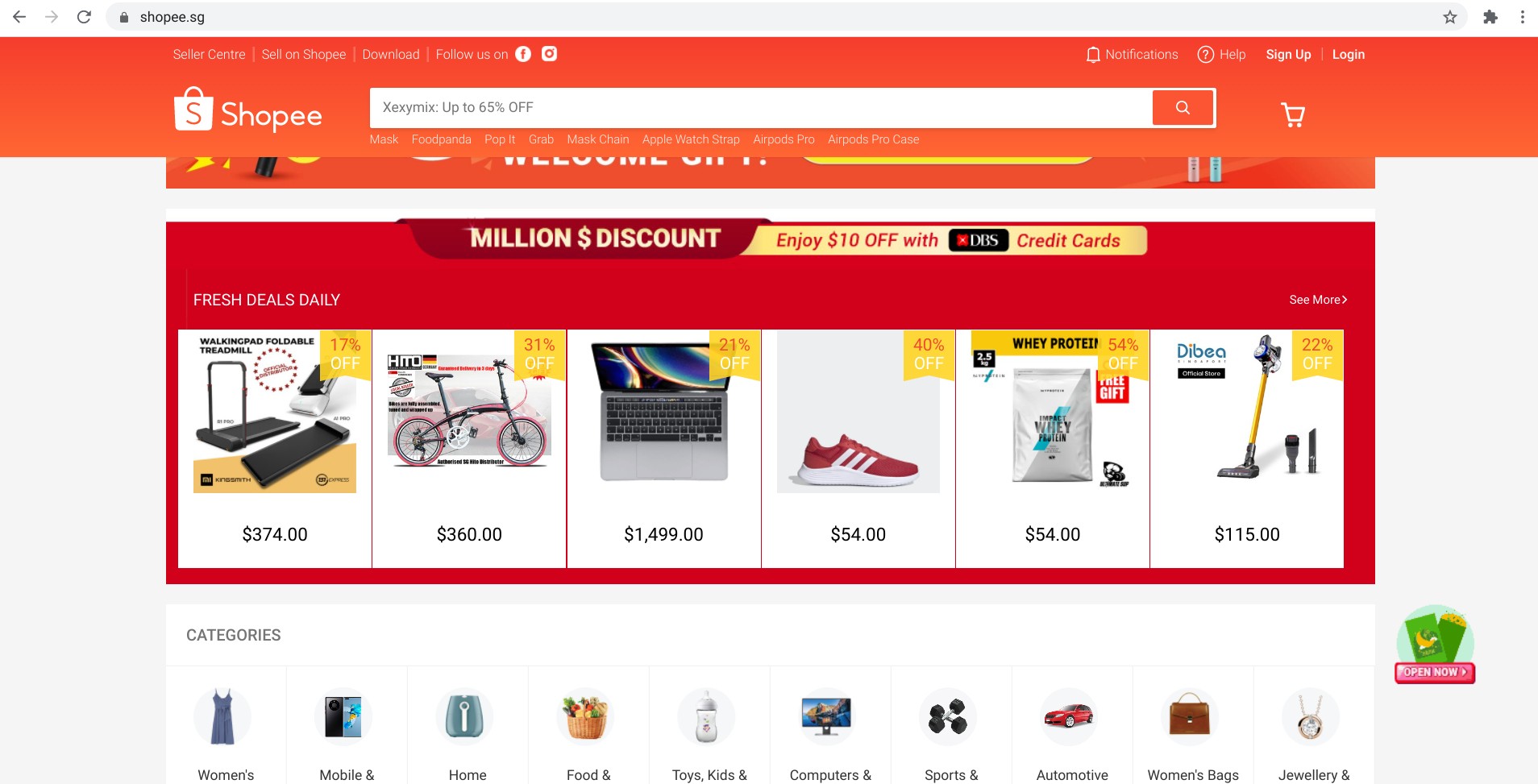Screenshot: tägliche Angebote und Rabatte auf Shopee.sg
