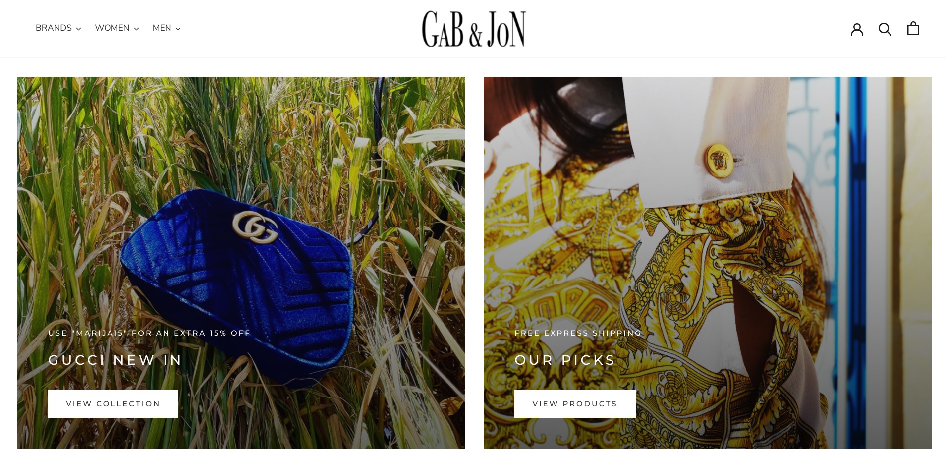 Screenshot von gabandjohn.com, einem gefälschten Webshop, der Produkte von vielen Luxusmarken wie Gucci und Dior anbietet
