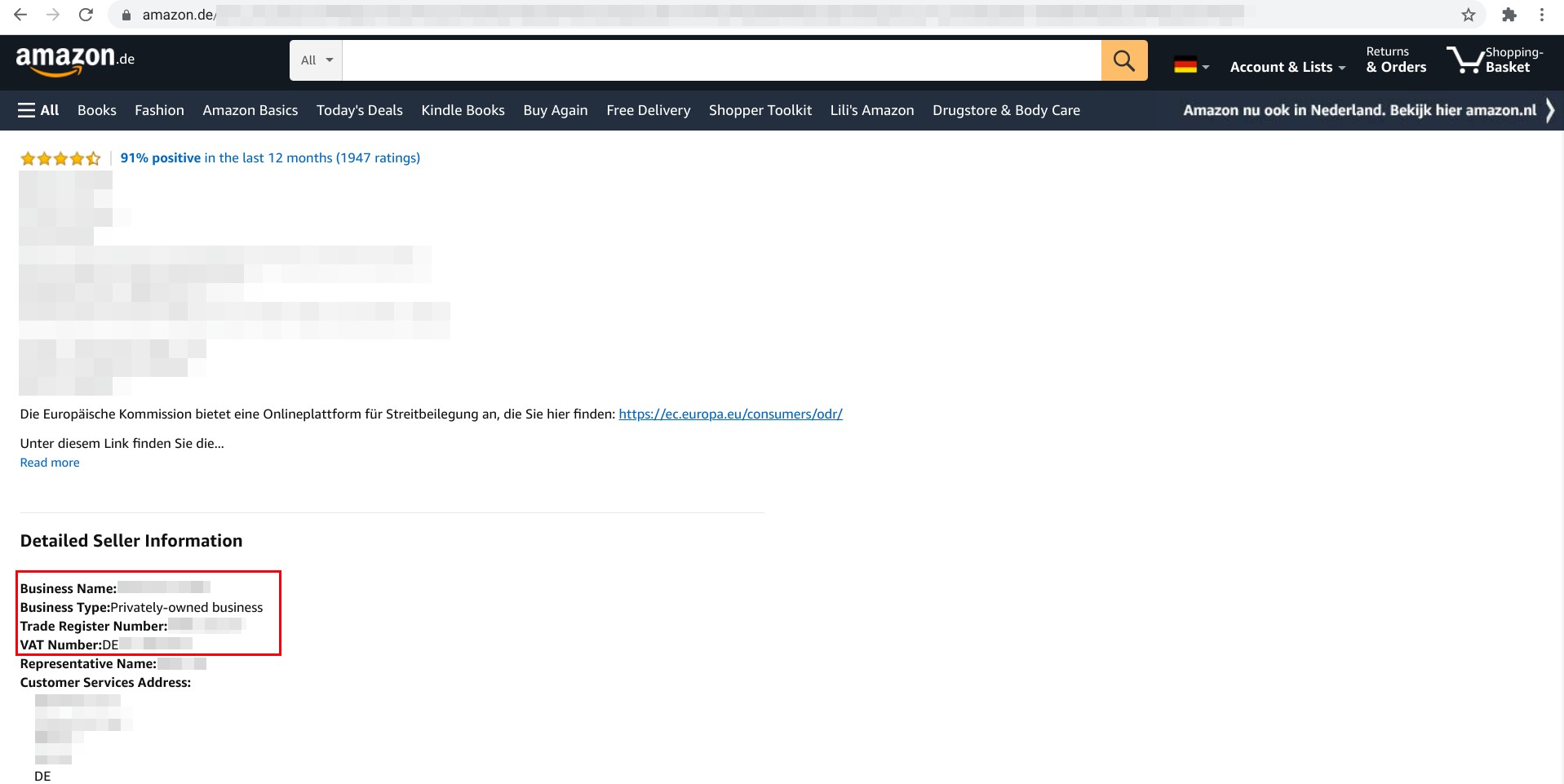 Screenshot of a “Detailed Seller Information” section on Amazon.de