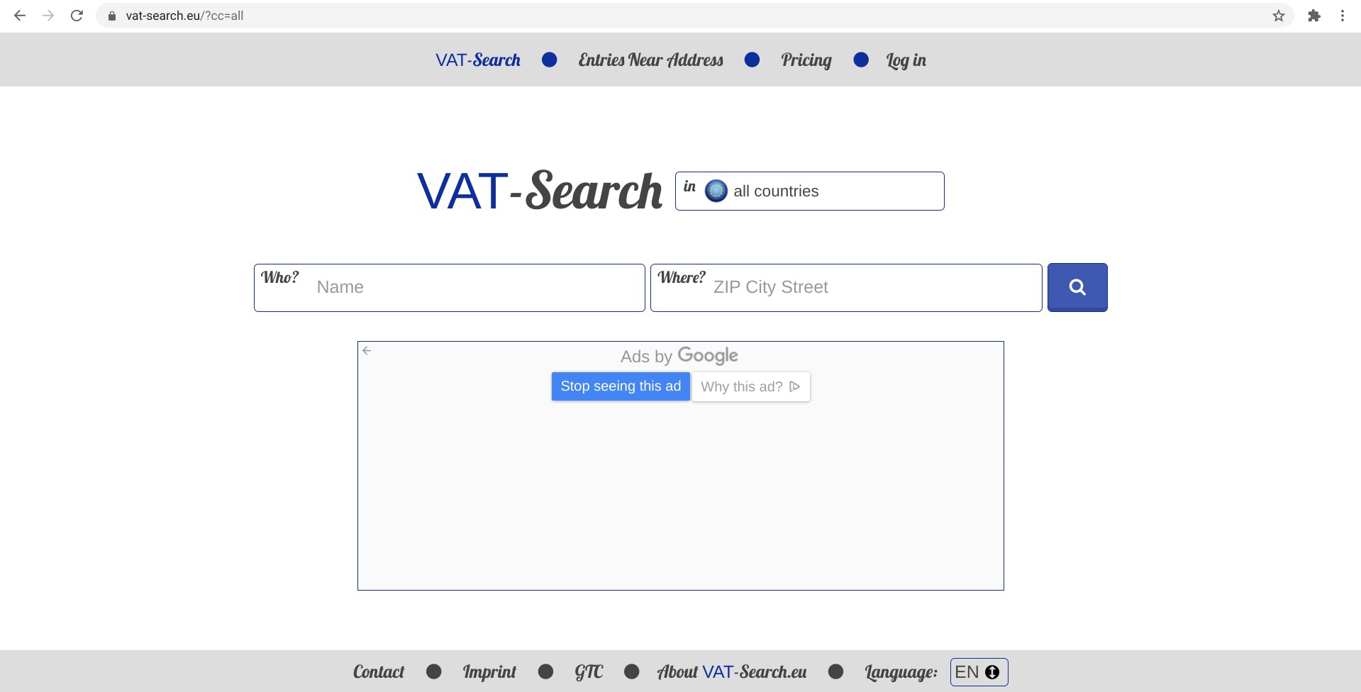 Screenshot der Homepage von vat-search.eu, einer Ust - ID-Datenbank
