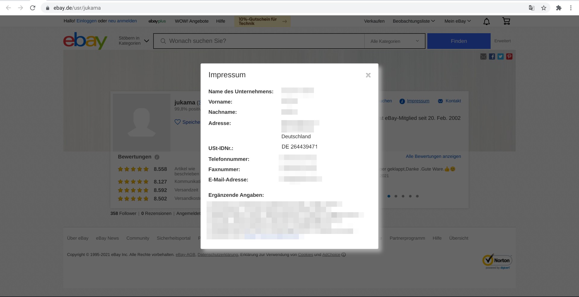Screenshot des Impressums samt Ust - ID eines Verkäufers auf ebay.de