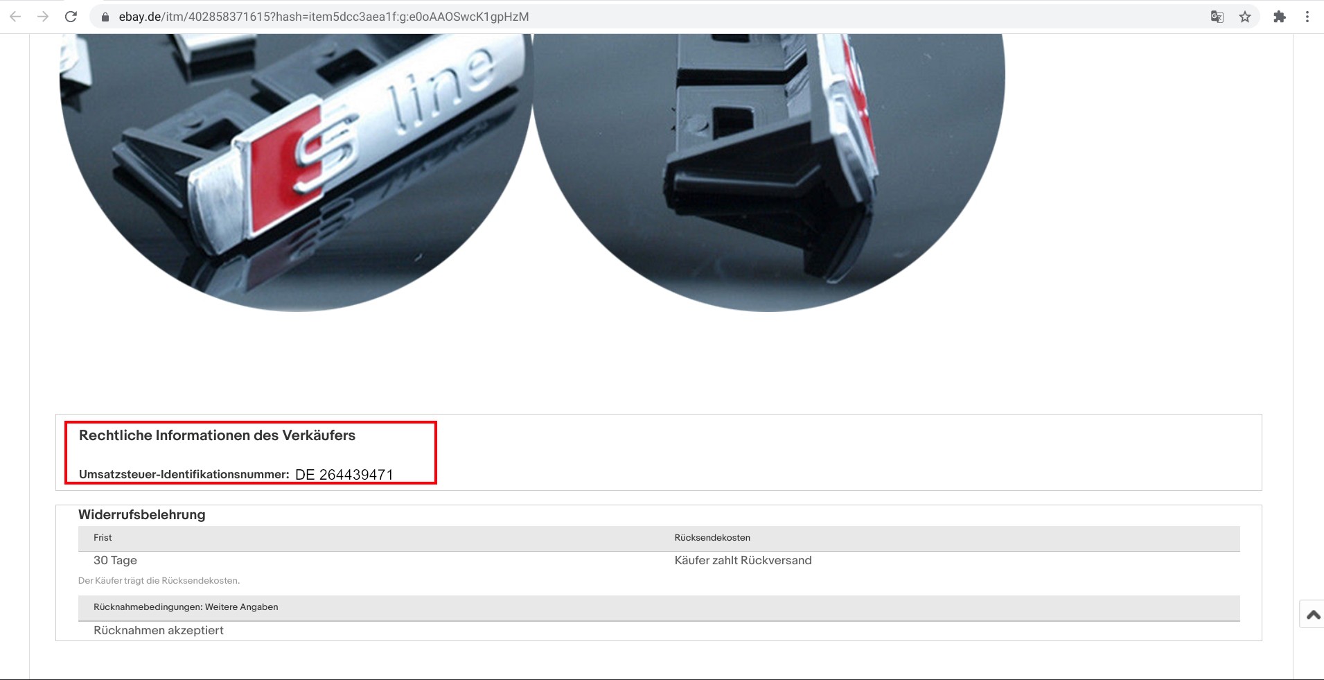 Screenshot der rechtlichen Informationen eines Verkäufers auf ebay.de mit derselben Ust - ID