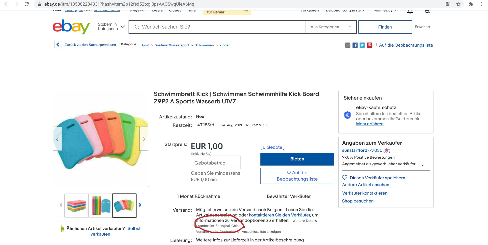 Screenshot eines eBay-Angebots für Schwimmhilfen aus China, das kein eindeutiges CE-Zeichen aufweist