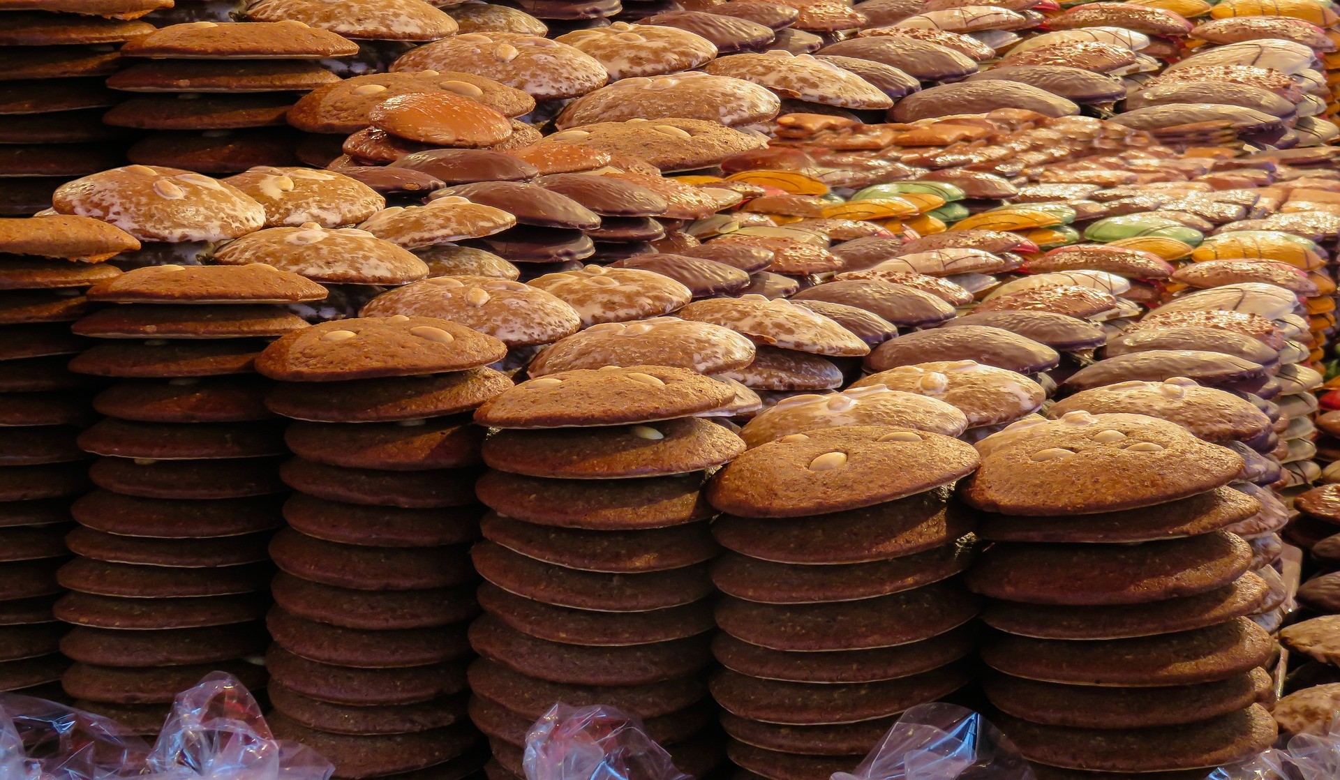 Gingerbread cookies stacked on a sales table