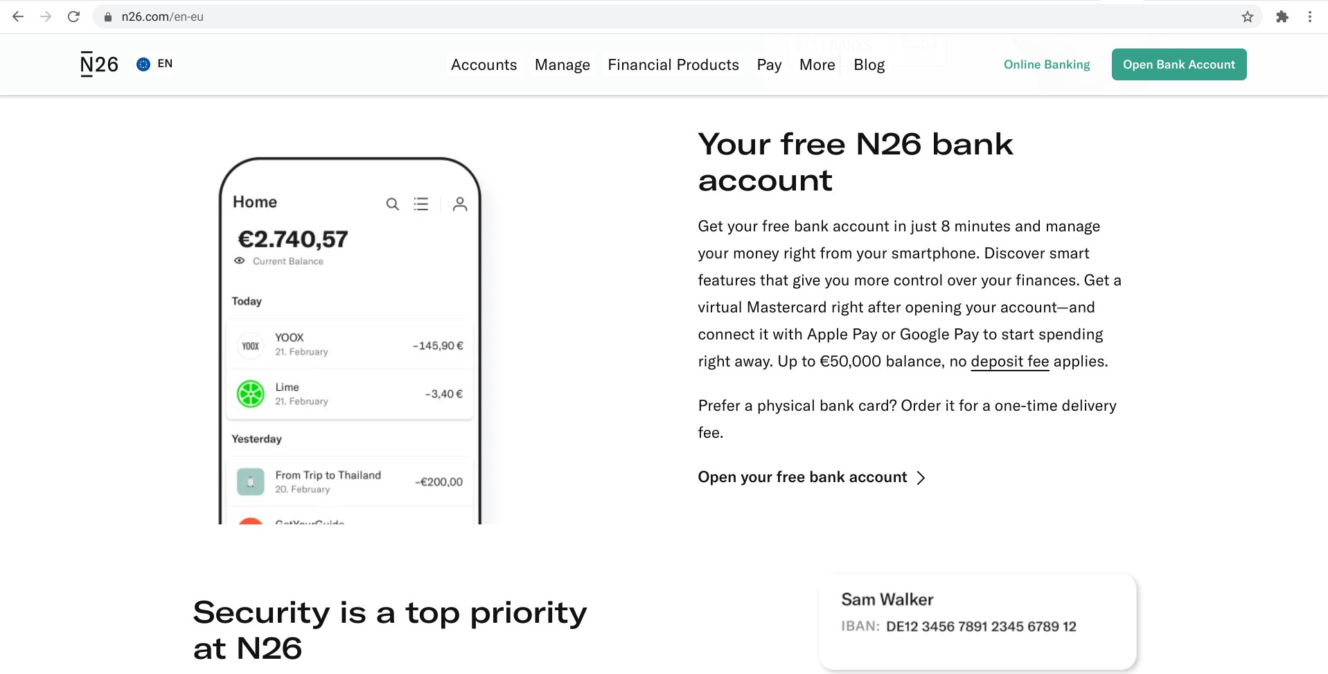 Ein Screenshot der Homepage von n26.com