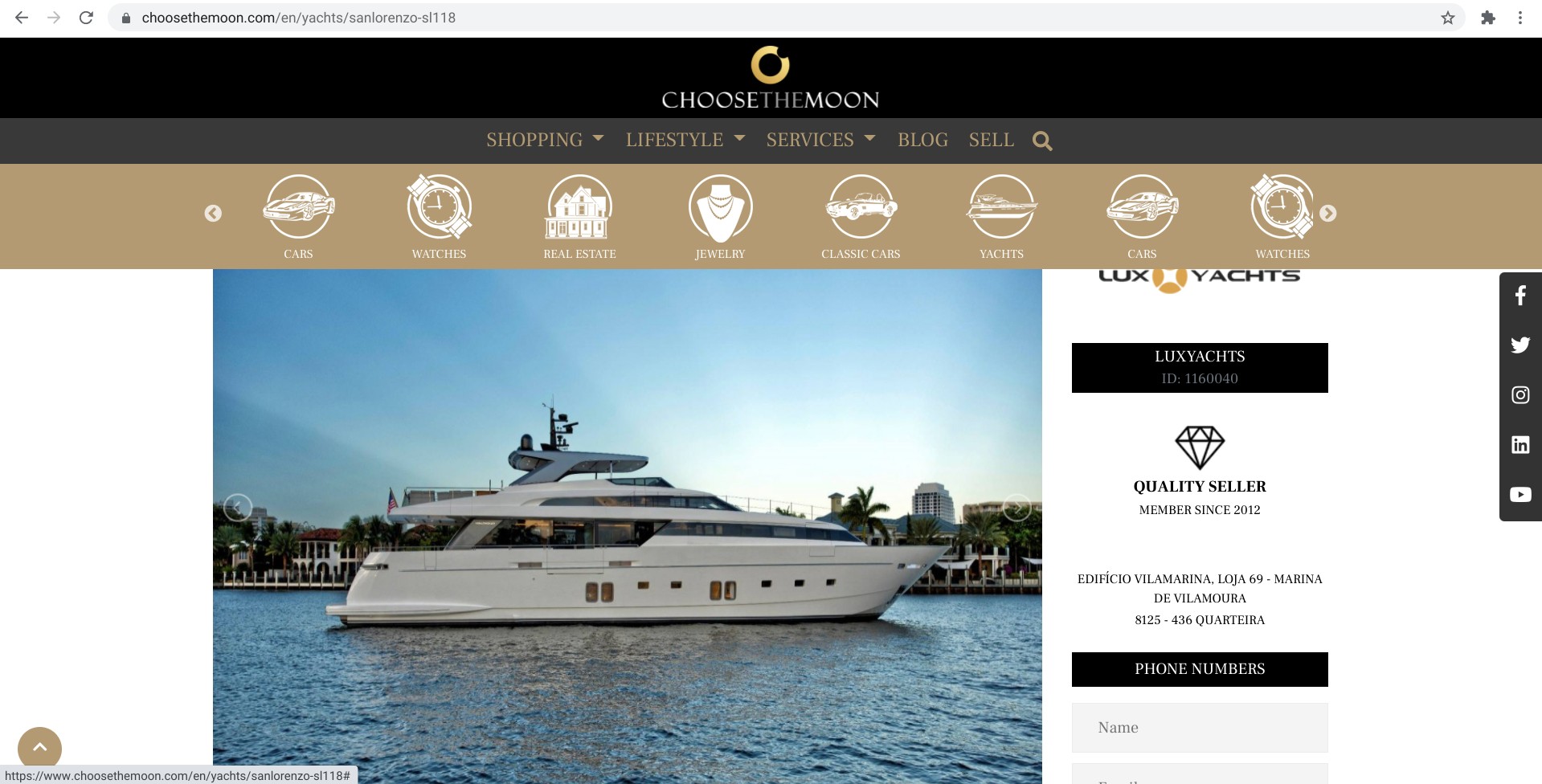Screenshot einer Yacht, die auf choosethemoon.com zum Verkauf steht