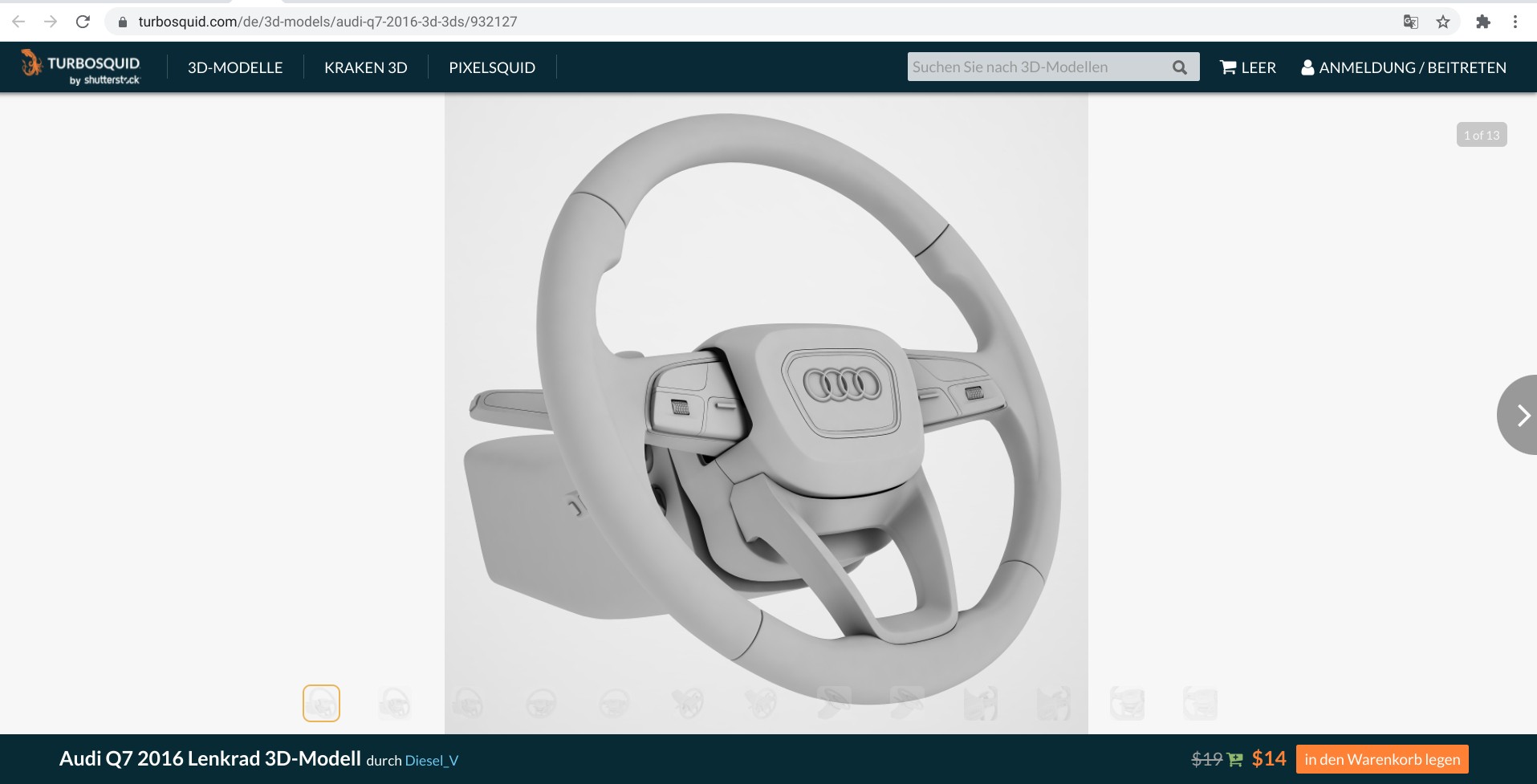 Screenshot eines 3D-gedruckten Lenkradmodells auf turbosquid.com