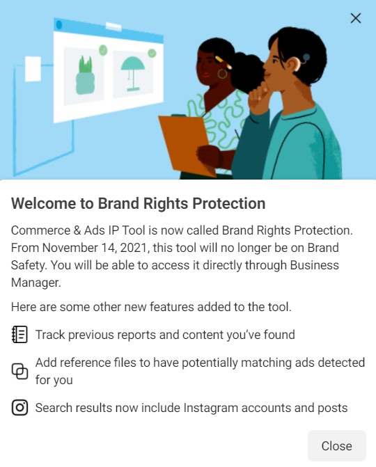 Screenshot der Brand Rights Protection Homepage von facebook.com