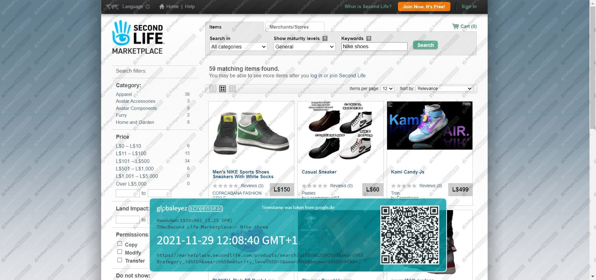 Screenshot von Second Life-Marktplatzangeboten für Nike-Produkte von secondlife.com.