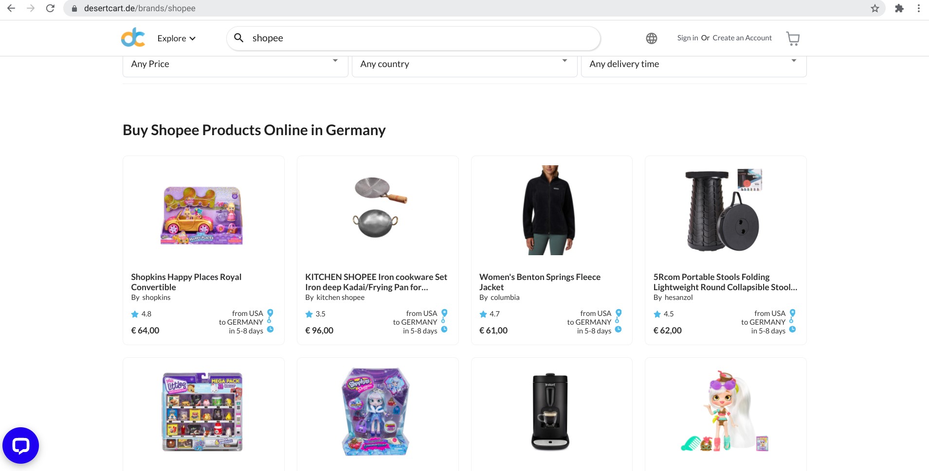 Screenshot von desertcart.de, das den Versand von Shopee-Produkten nach Deutschland anbietet