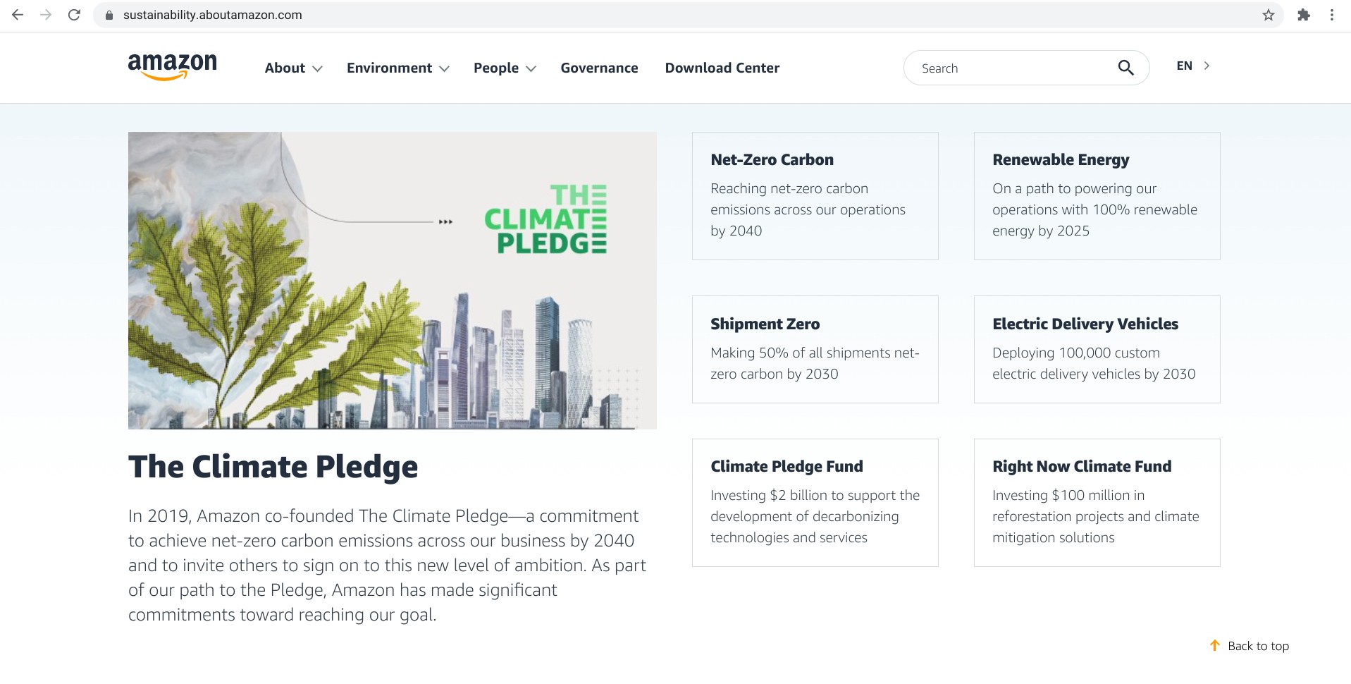 Screenshot von sustainability.aboutamazon.com mit den Klimaversprechen von Amazon