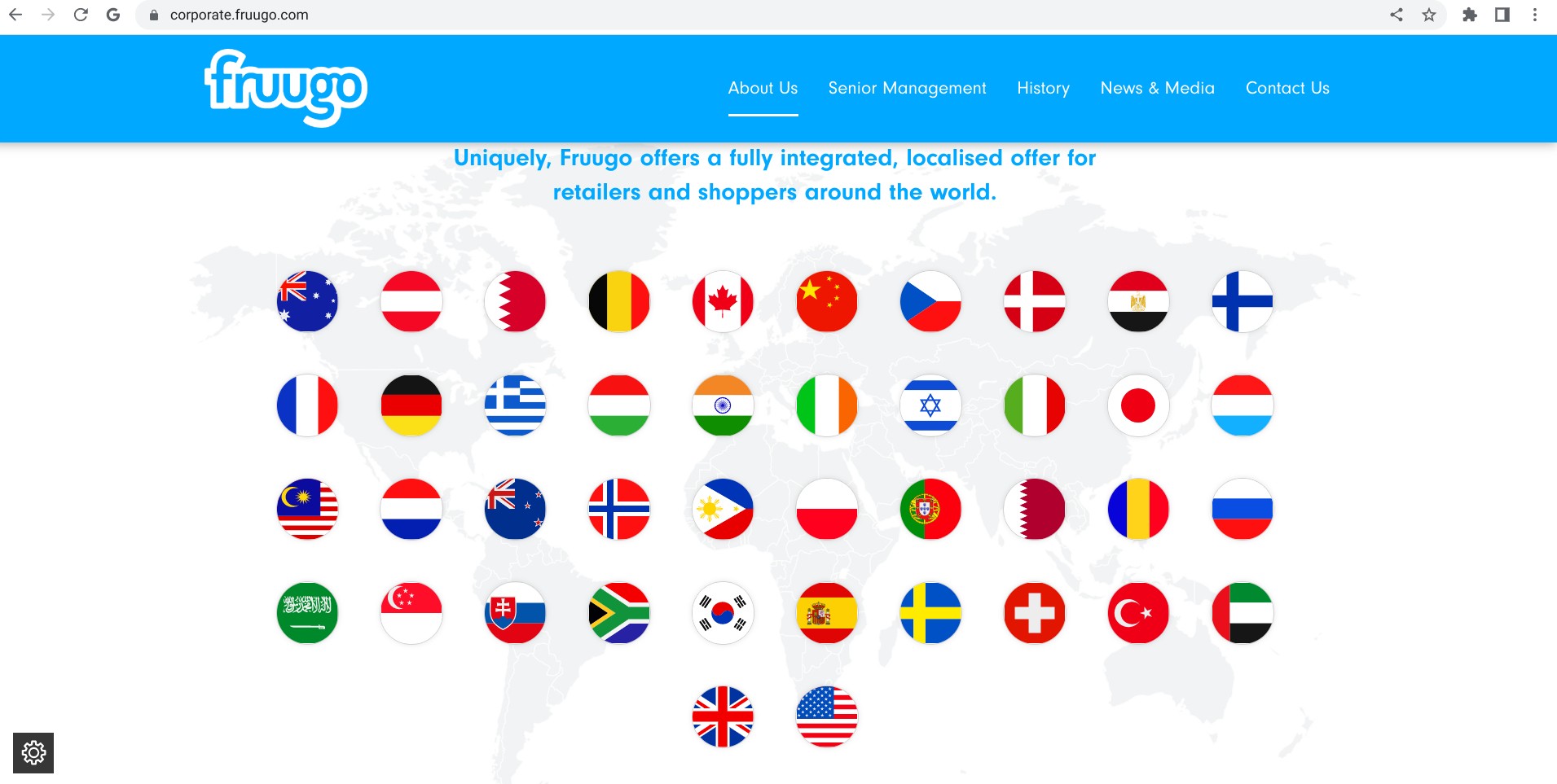 Screenshot von corporate.fruugo.com mit der Anzeige der Länder, in denen Fruugo verfügbar ist